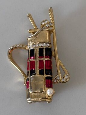 Gold-Tone Golf Bag Brooch in Red and Black with Pearl Accent